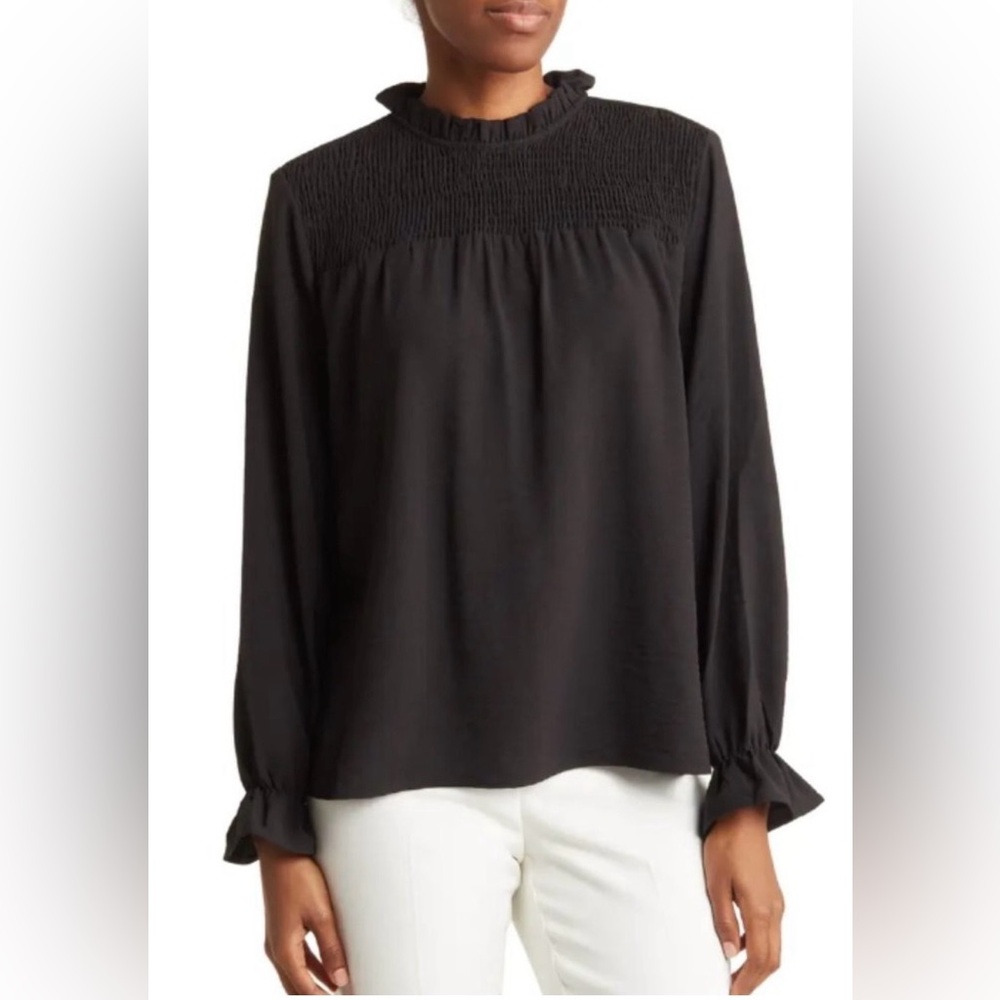 Banana Republic Women's Black Smocked Yoke Long-Sleeve Top with ruffle sleeves
